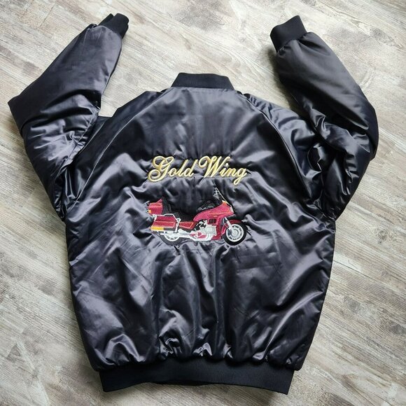 Vintage 90s Black Satin Bomber Jacket Moto Goldwing Graphic NAME Cardinal XL - Picture 11 of 13